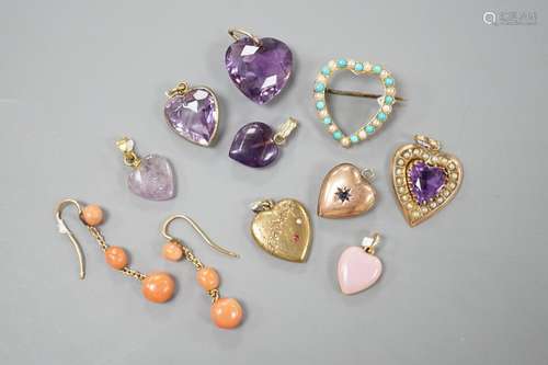 Nine assorted gem set heart shaoed pendants including amethy...