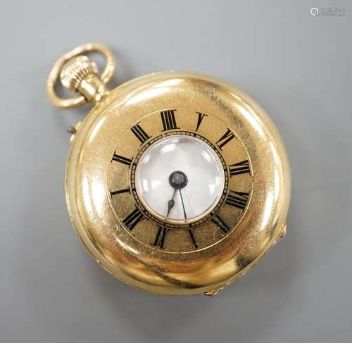 A Swiss 18k yellow metal keyless half hunter fob watch, with...