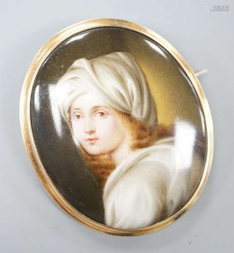 A yellow metal mounted porcelain miniature oval brooch, pain...