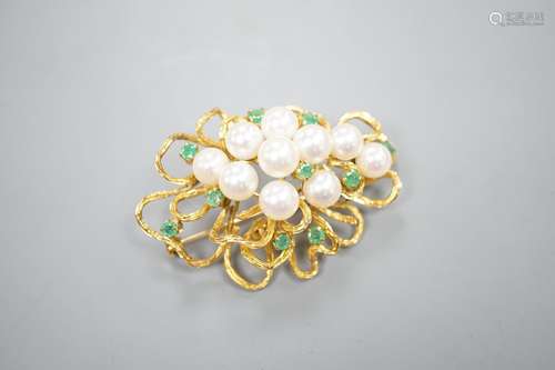 A modern 14k yellow metal, cultured pearl and emerald cluste...