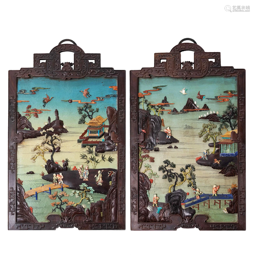 A Chinese Hard-stones Inlaid Rosewood Hanging Panel Qing Dyn...