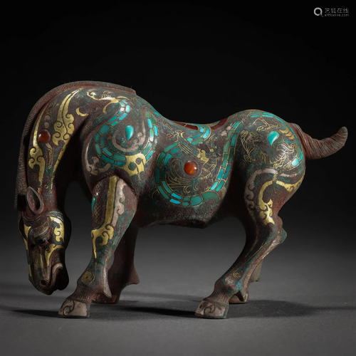 A Chinese Silver Inlaid Partly Gilt Bronze Standing Horse