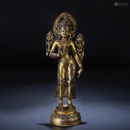 A Tibetan Bronze-gilt Standing Avalokitesvara