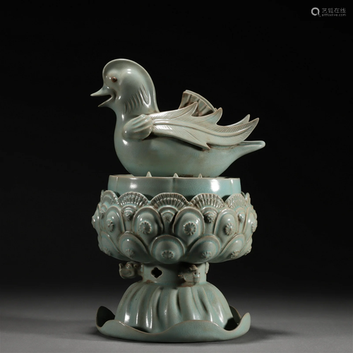 A Chinese Ru-ware Mandarin Duck Shaped Incense Burner