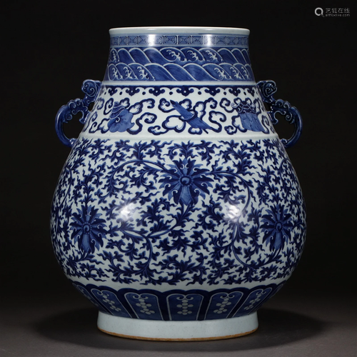 A Chinese Blue and White Lotus Scrolls Zun Vase Qing Dyn.