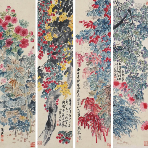 Four Pages of Chinese Scroll Painting By Qi Baishi