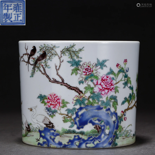 A Chinese Famille Rose Floral and Birds Brushpot Qing Dyn.