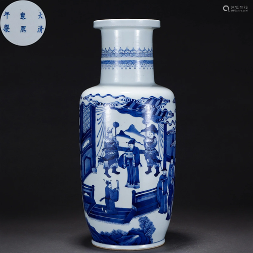 A Chinese Blue and White Figural Story Mallet Vase Qing Dyn.