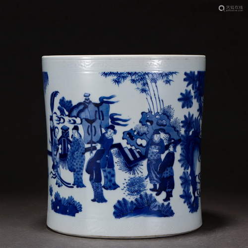 A Chinese Blue and White Figural Story Brushpot Qing Dyn.