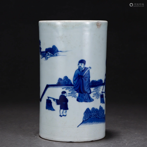 A Chinese Blue and White Figural Story Brushpot Qing Dyn.