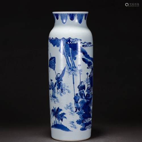 A Chinese Blue and White Figural Story Sleeve Vase Qing Dyn.