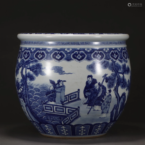 A Chinese Blue and White Figural Story Jardiniere Qing Dyn.