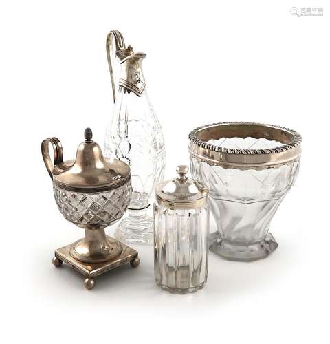 A small collection of four silver-mounted glass items, compr...