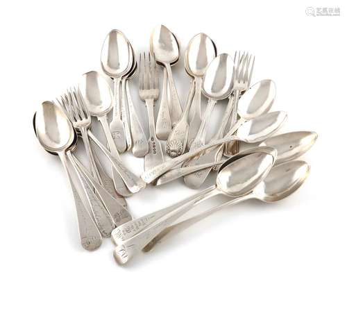 A collection of antique silver flatware with inscriptions, v...