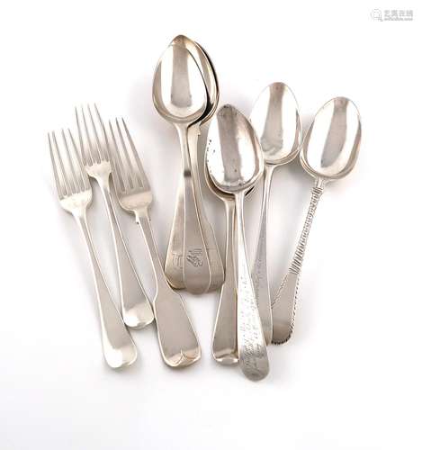 A mixed lot of antique silver flatware, various patterns, da...