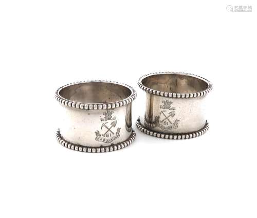 A pair of Regimental silver napkin rings, The 61st King Geor...
