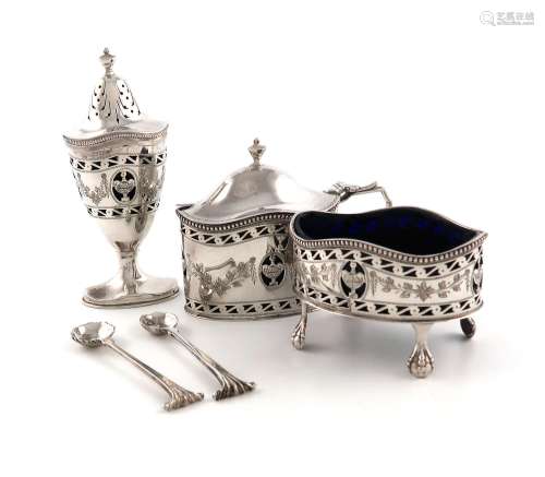 A modern three-piece silver condiment set, by JCL, London 19...