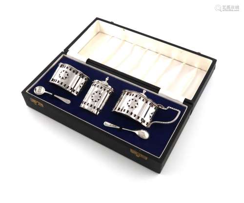 A three-piece modern silver cruet set, by A Chick & Sons...