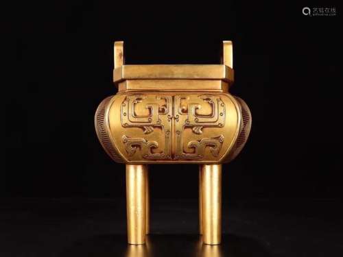 旧藏-铜鎏金博古龙纹鼎式炉