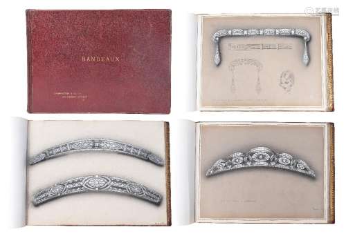 An early 20th century hardbound book of gouache jewellery de...