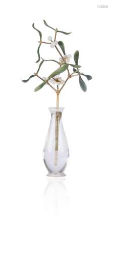 A gem-set model of a sprig of mistletoe, with white jade ber...