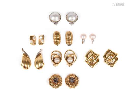 Eight pairs of earrings, including a pair of gold a diamond ...