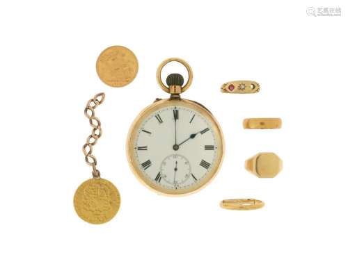 An 18ct gold open-faced pocket watch; two 18ct gold rings; t...