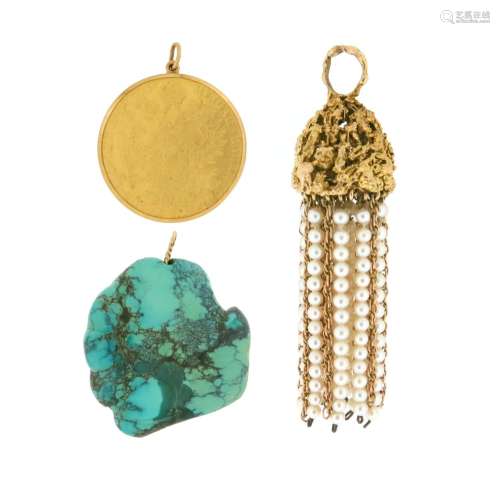 A turquoise matrix pendant, a cultured pearl gold tassel pen...