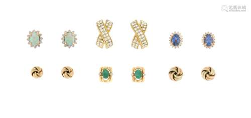 Five pairs of gold earrings, including a pair of opal and di...