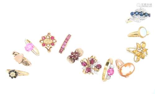 Twelve gem-set rings, including; a ring set with a pink sapp...