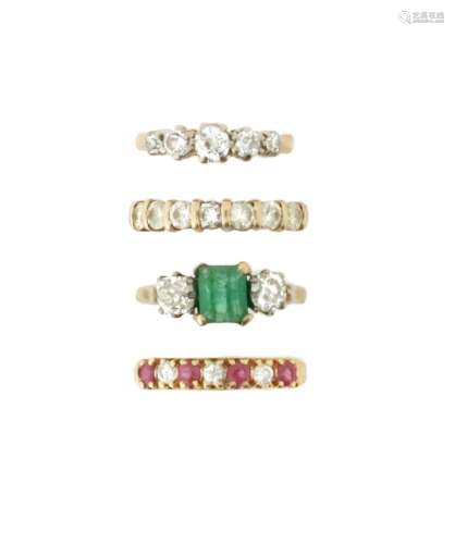 Four gem-set rings, including a diamond five-stone gold ring...