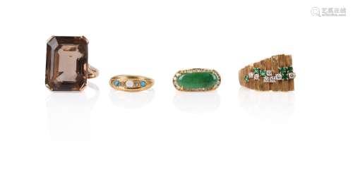 Four gem-set gold rings, one early 20th century half-hoop ri...