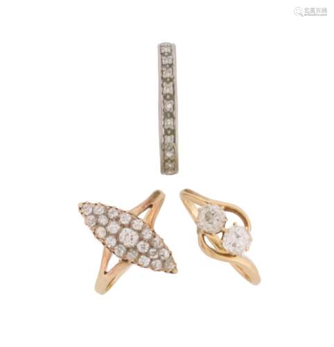 Three diamond rings; an early 20th century navette-shaped ri...