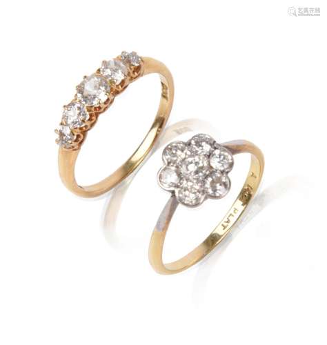 Two diamond rings, one diamond five-stone gold ring, size P,...