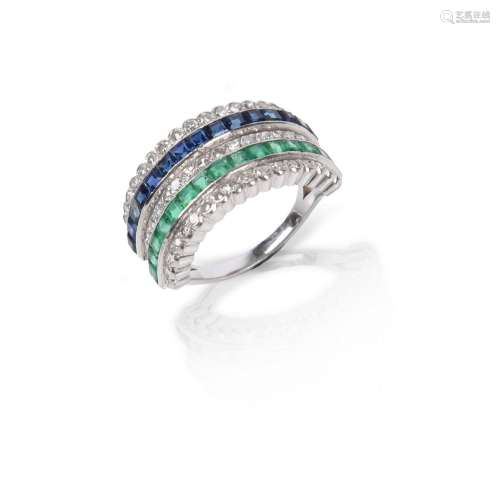 A gem-set five-row half-hoop ring, set with alternating rows...