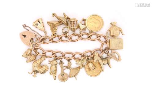 A gold twisted curb-link bracelet, mounted with assorted cha...