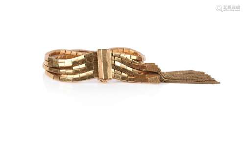 A gold brick link bracelet, the six-row bracelet with tapere...