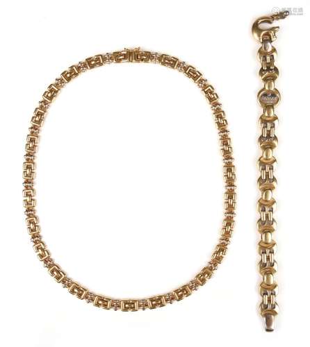 An 18ct gold necklace, the fancy links in two-colour gold, I...