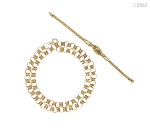 A 9ct gold mesh-link bracelet, set with two circular-cut dia...