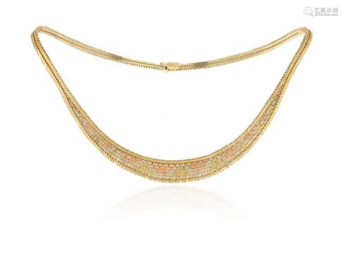 A three-colour 18ct gold necklace, the textured three-colour...