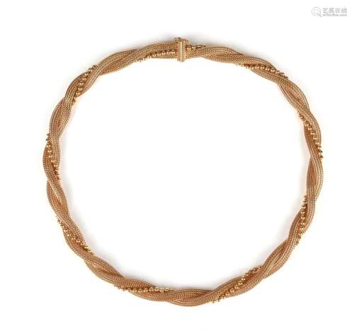 A gold collar necklace, of braided ropetwist design with bea...