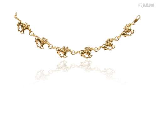 An 18ct gold bracelet, designed as jockeys riding horses, Lo...