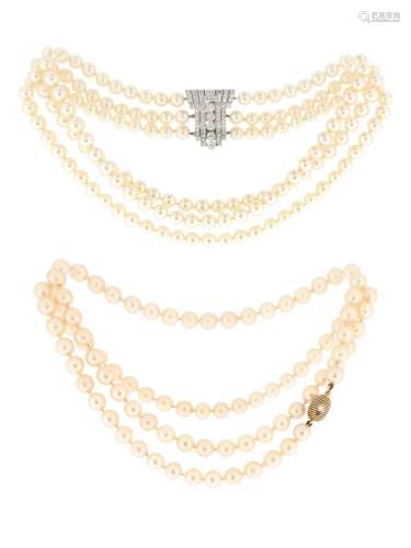 A three-row cultured pearl choker-length necklace, with an A...