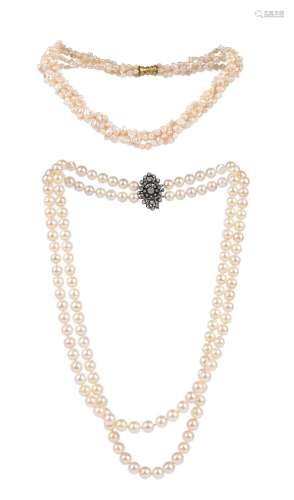 A two-row cultured pearl necklace, with a 19th century cushi...