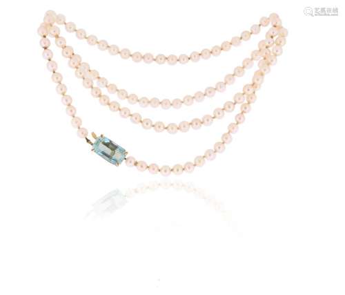 A single row cultured pearl necklace, the gold clasp set wit...