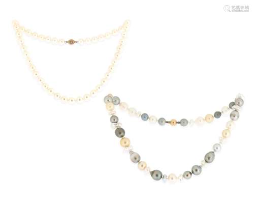 Two cultured pearl necklaces, one with cream pearls, the oth...