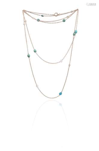 A turquoise and freshwater pearl longuard chain, alternately...