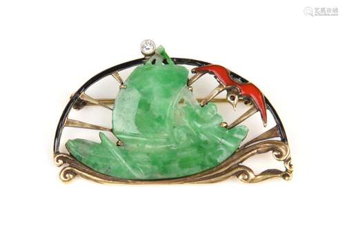 An Art Deco jadeite brooch, the carved jadeite plaque depict...