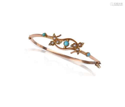 An Edwardian gold hinged bangle, set with turquoise cabochon...