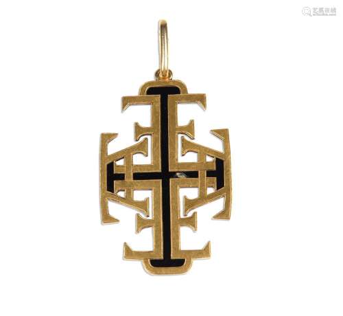 A 19th century enamelled gold cruciform pendant, the crossed...